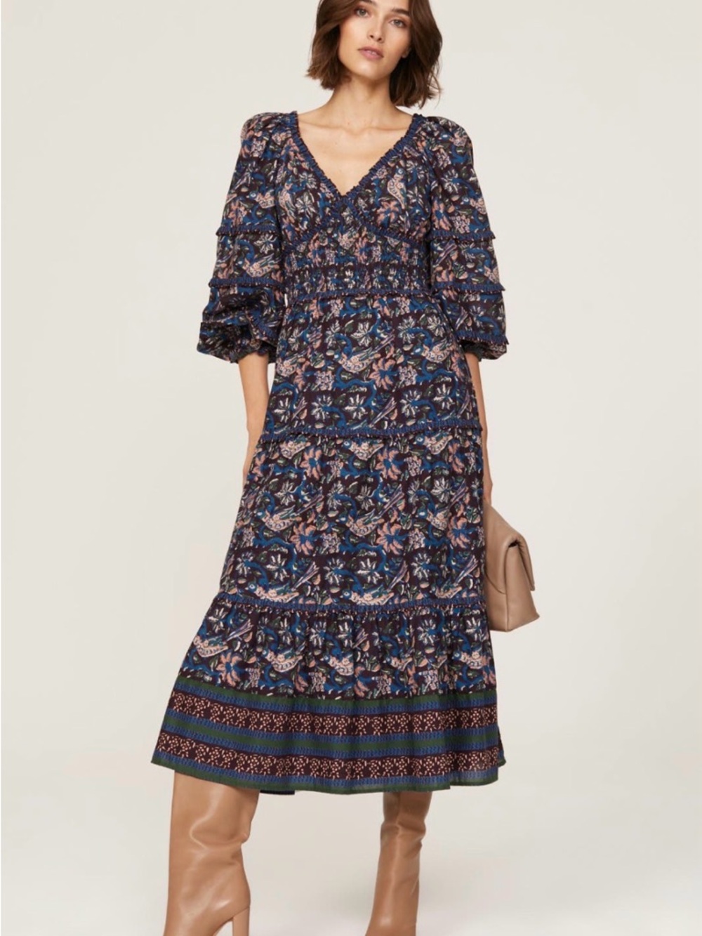 Sea New York - Noah Long Sleeve Smocked Dress (Navy Floral V-Neck Tiered)